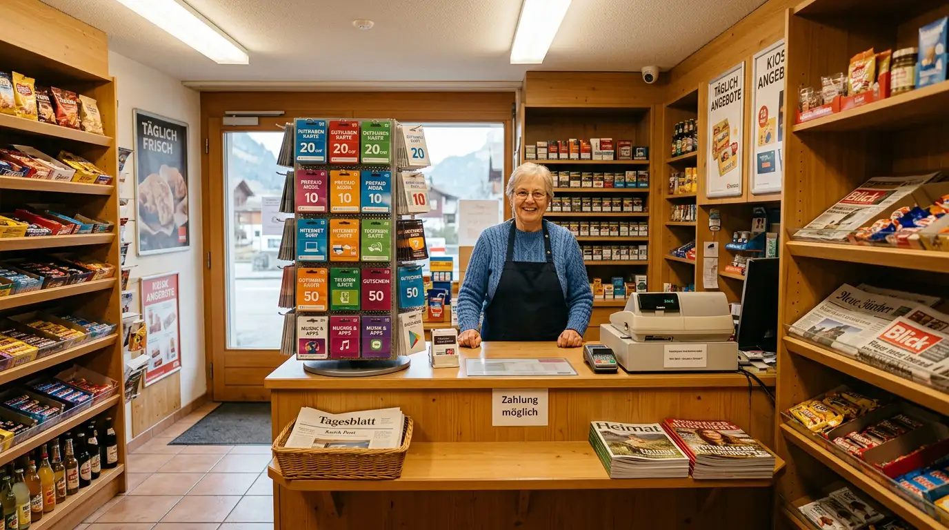 Paysafecard Verkaufsstelle in der Schweiz - Kiosk mit Prepaid-Karten